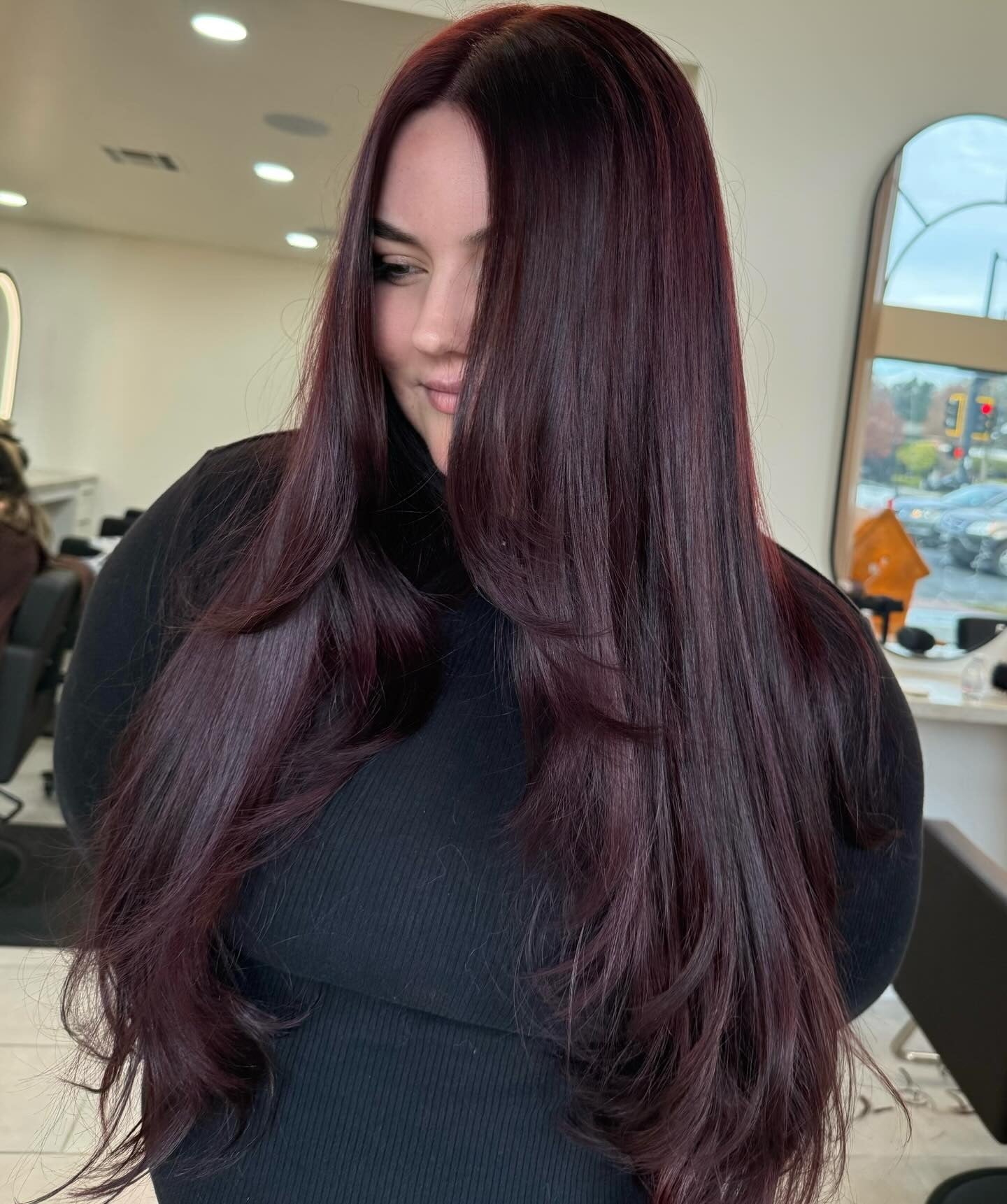 Layers Dark Burgundy With Red Undertones Layers Dark Burgundy With Red Undertones — Burgundy Hair Color