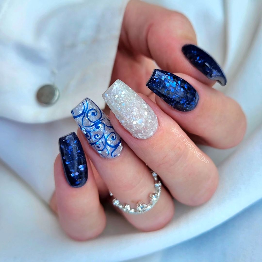 Dark Blue and Silver Glitter with White Swirls Dark Blue and Silver Glitter with White Swirls — Everyday Winter Nails