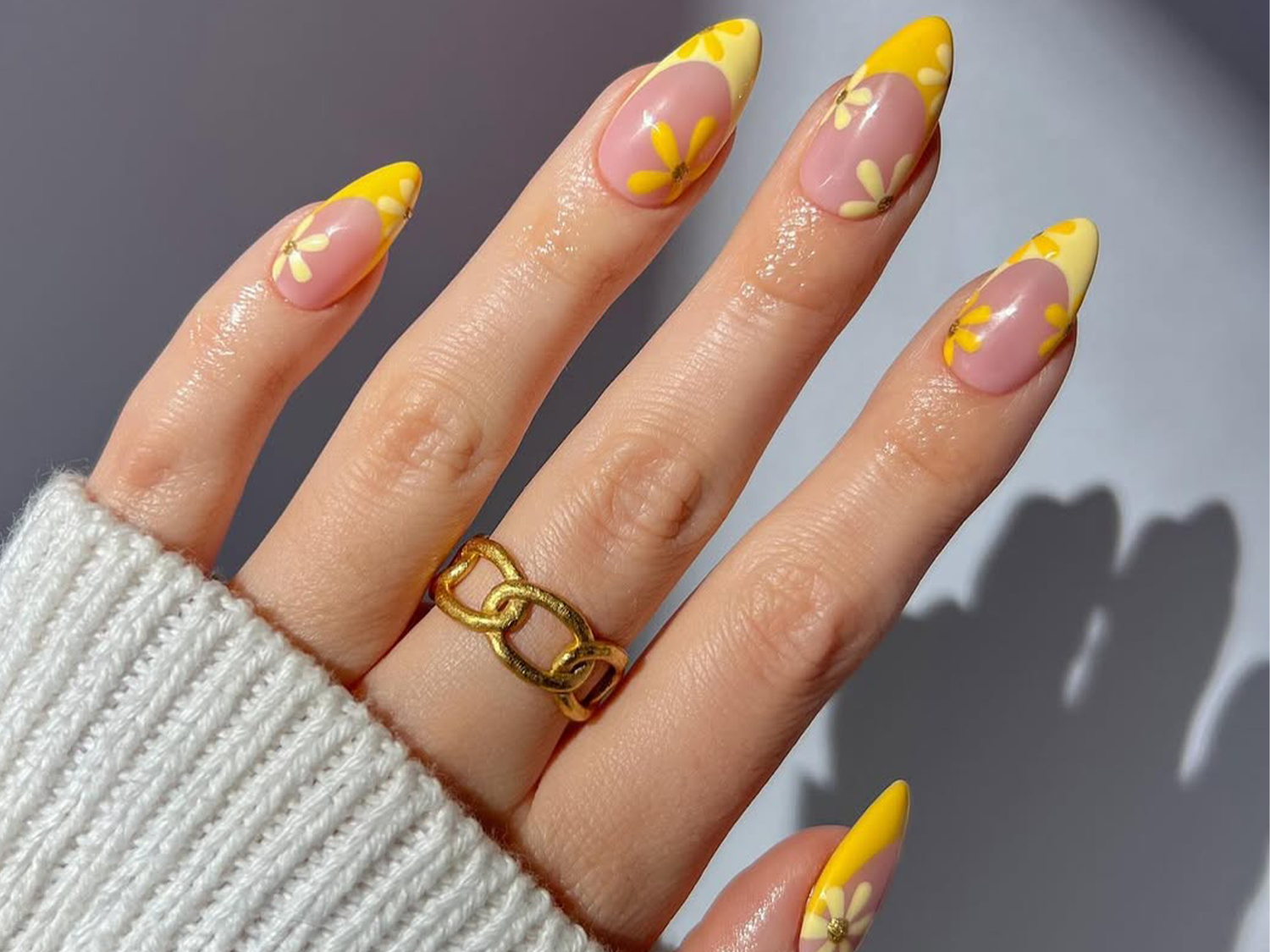 Medium Stiletto Yellow Floral French Tips Medium Stiletto Yellow Floral French Tips — Yellow Nail Designs
