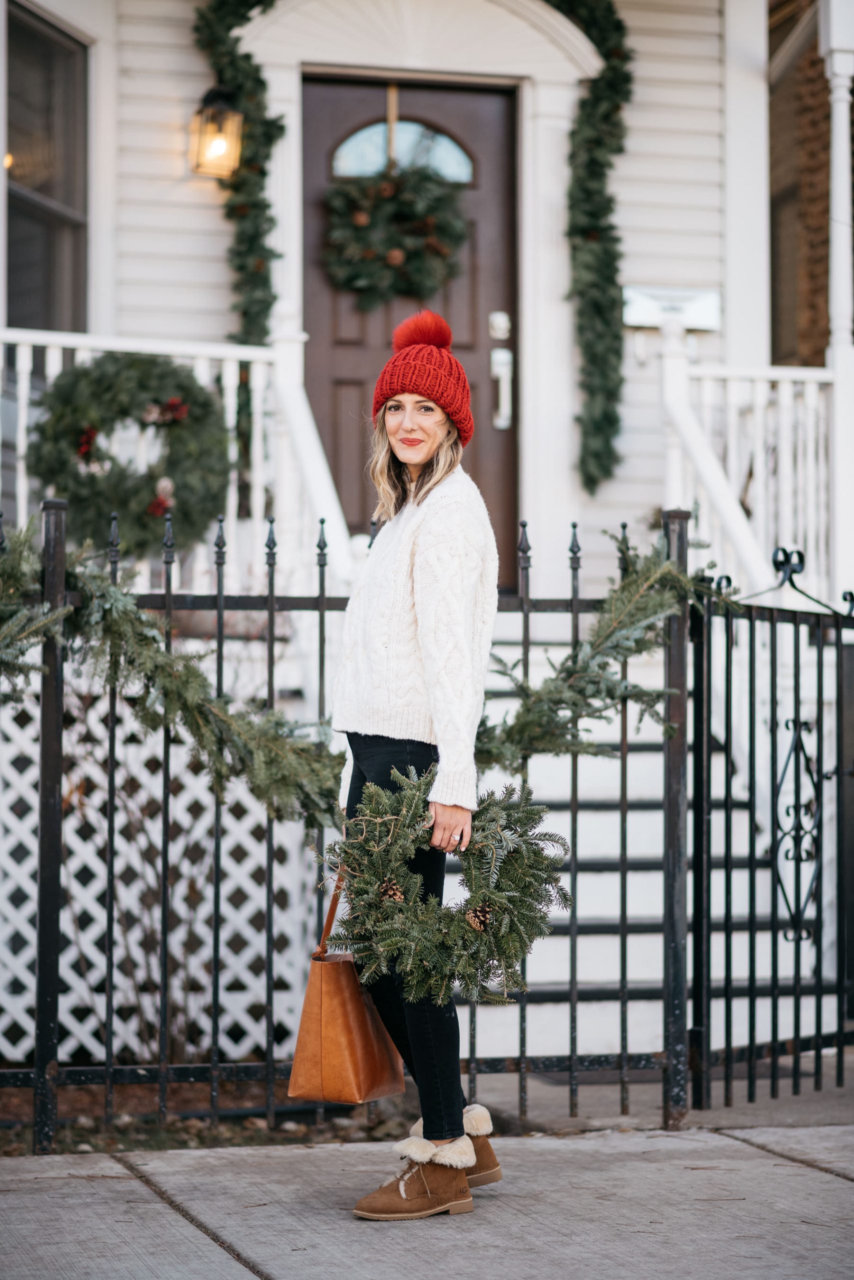 Festive Comfort: Uggs with Pom-Pom Hat and Cable Knit — Ugg Boots Outfits