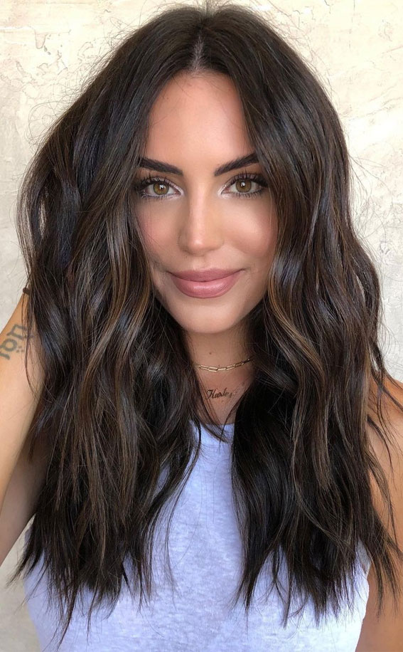 Dark Chocolate with Mocha Highlights — This Image Showcases Thick Dark Winter Hair Colors