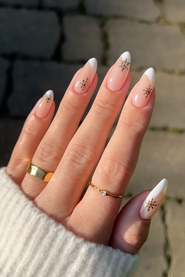 French Manicure with Gold Snowflake Decals — Winter Glitter Nails
