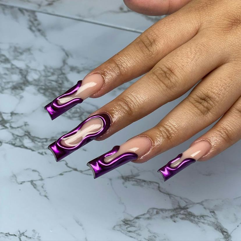 Metallic Purple Wavy Chrome Squares — Winter Purple Nails