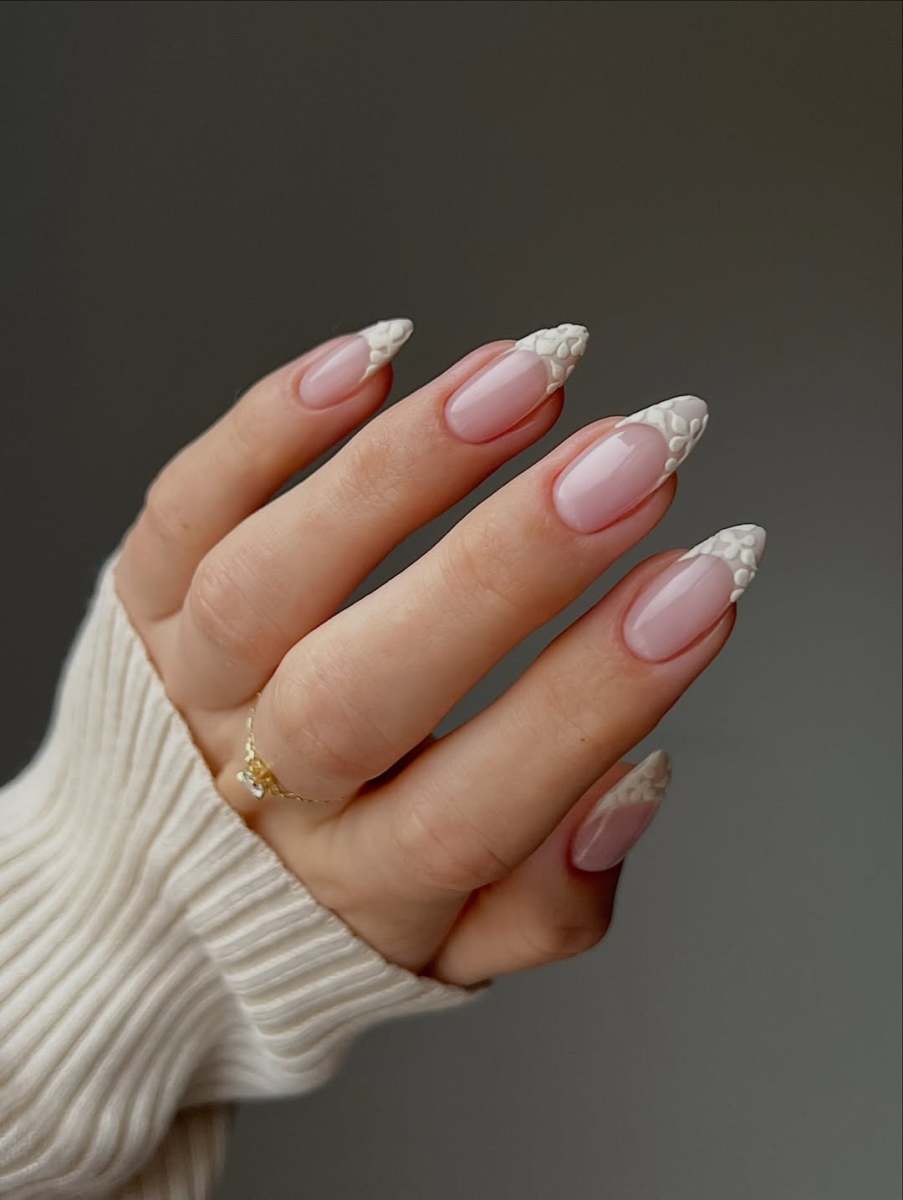 Textured Lace French Tip Almond Nails — Winter Wedding Nails
