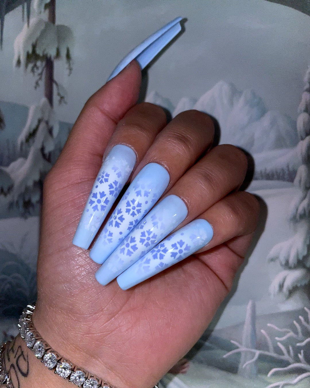 Light Blue Matte Snowflake Pattern Nails — Winter Acrylic Nails