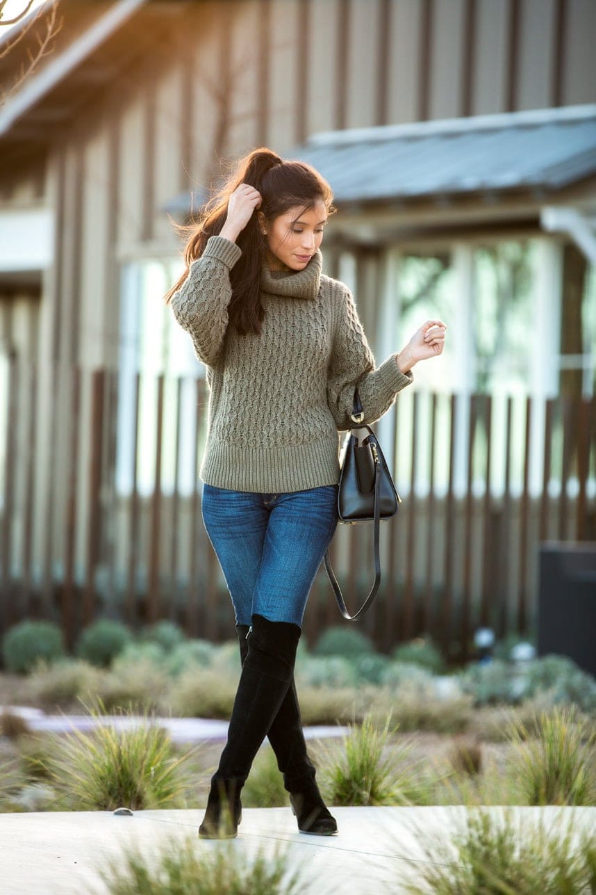 Over-the-Knee Boots with Chunky Knit Sweater and Fitted Jeans — Winter Boots Outfits