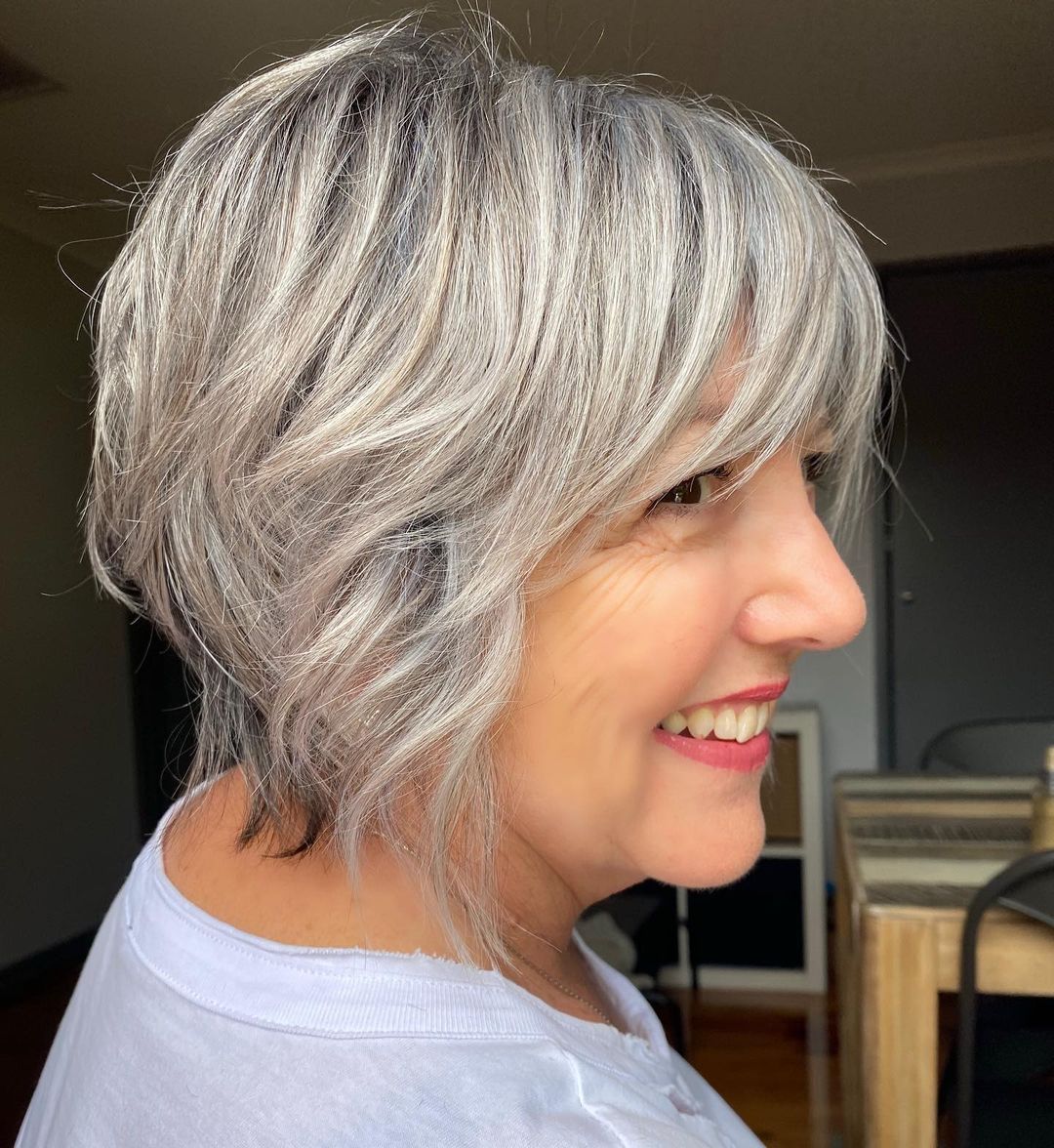 Chin Layered Bob With Textured Waves — Winter Hairstyles for Gray Hair