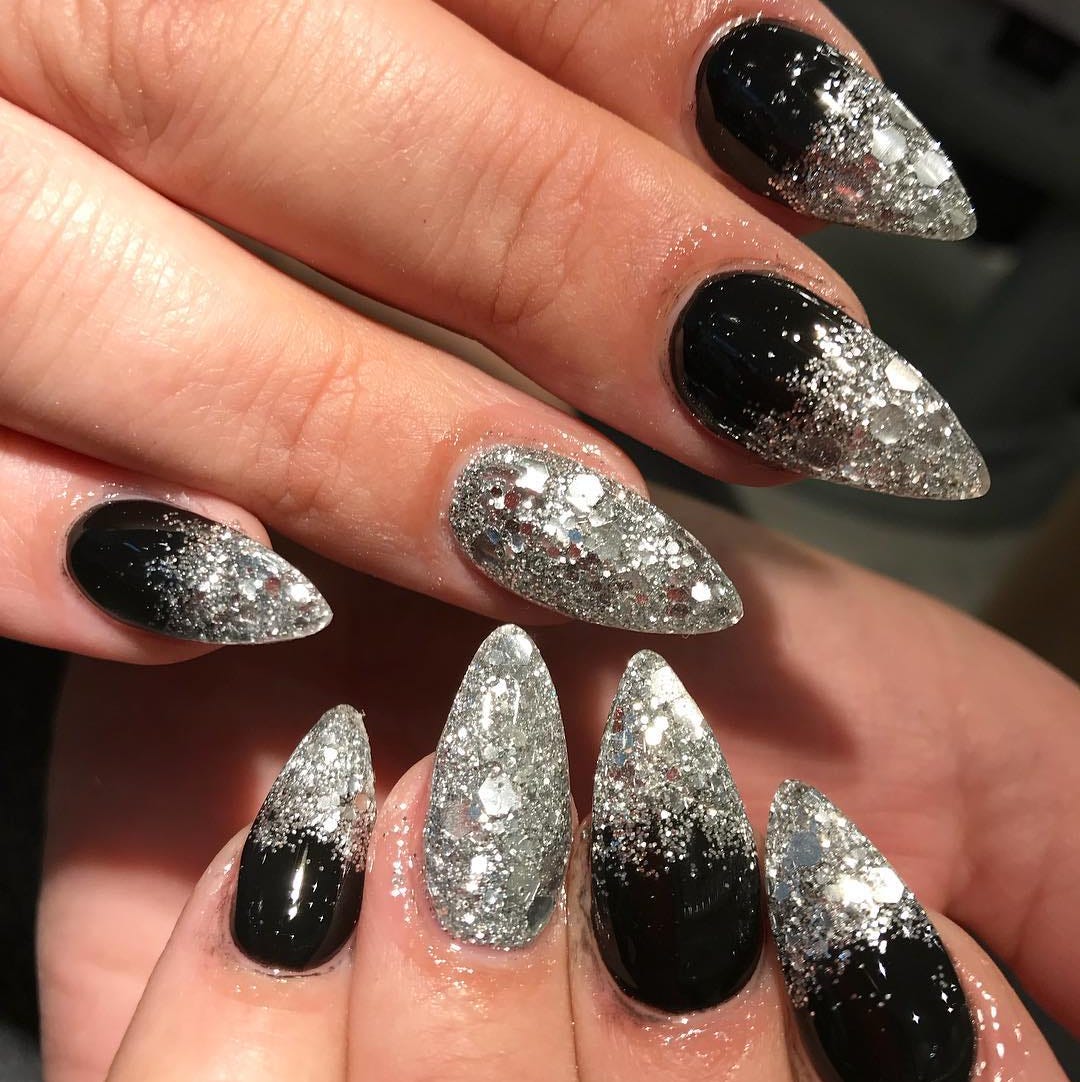 Dramatic Black Silver Glitter Gradient Stilettos — Winter Black Nails