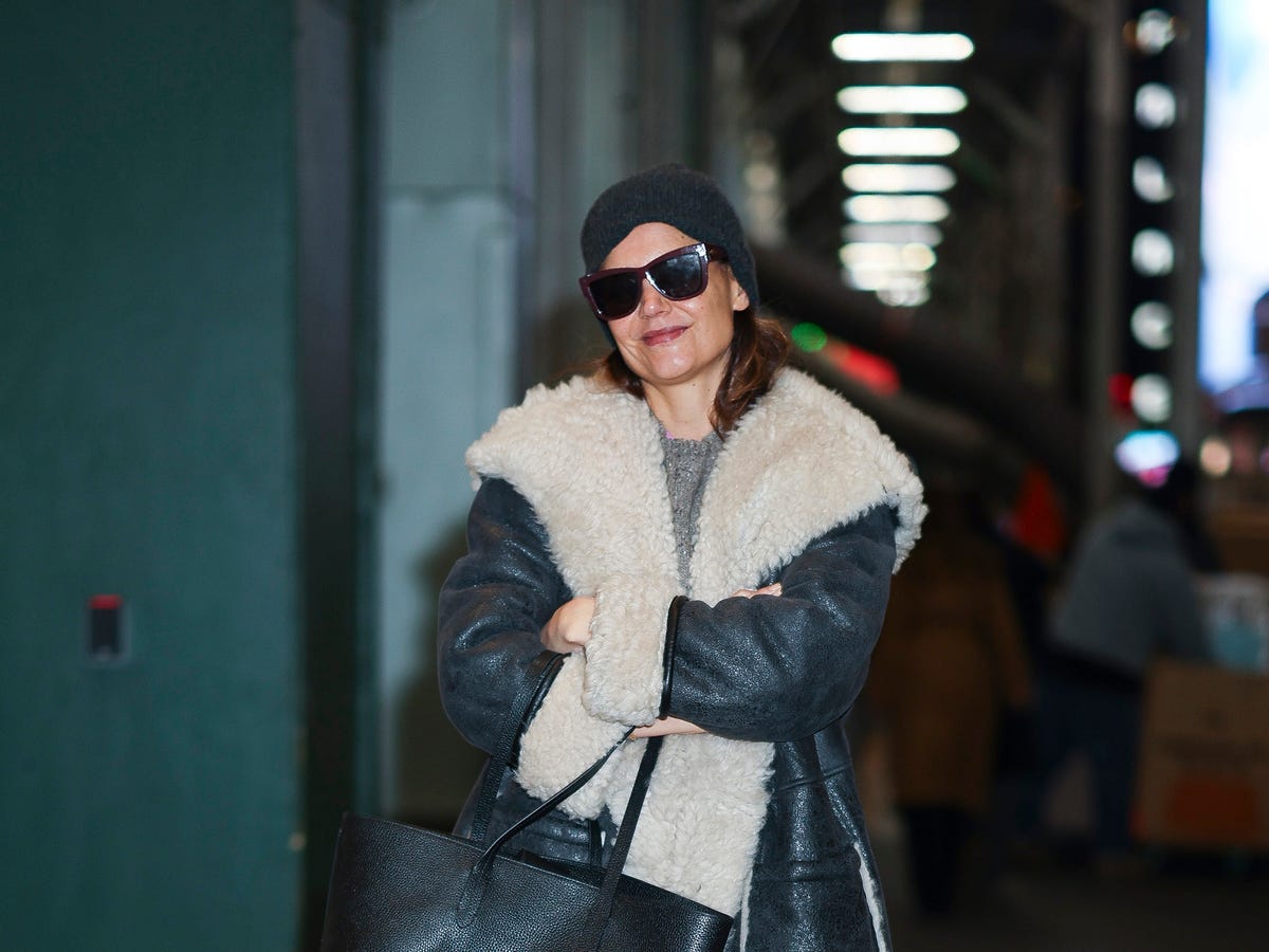 Grey Sweater Under Shearling Coat with Beanie — Shearling Coat Outfits