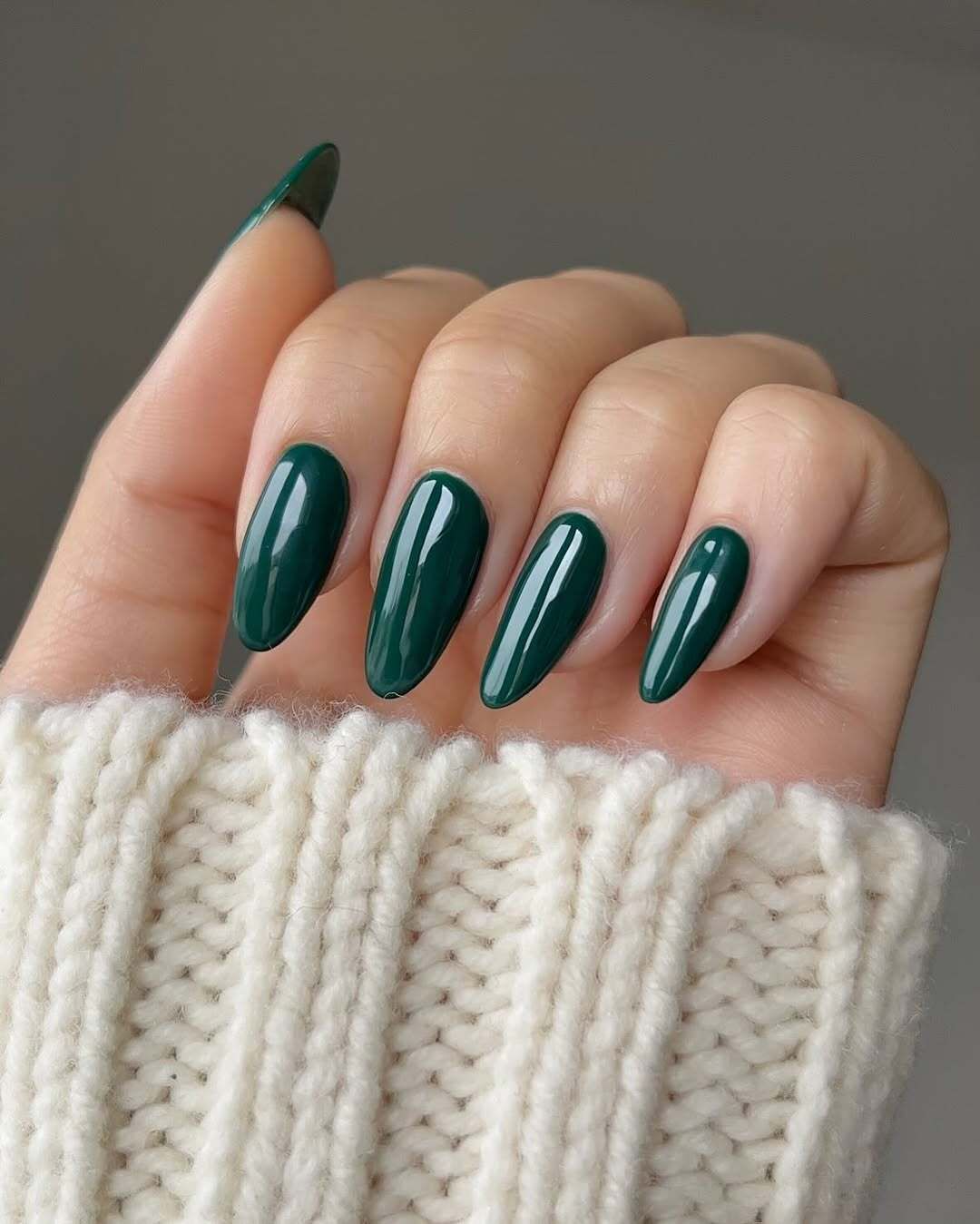 Deep Emerald Green Glossy Almond — Winter Gel Nail Colors
