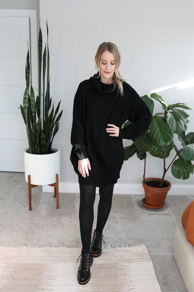 Oversized Black Sweater Dress with Tights and Lace-Up Boots Oversized Black Sweater Dress with Tights and Lace-Up Boots — Sweater Outfits