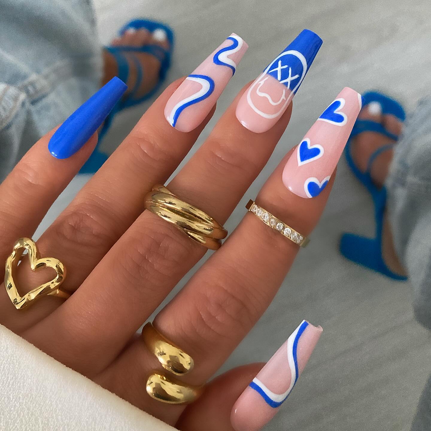 Extra Long Coffin Blue Hearts and Cartoon Face — Blue Nail Inspo