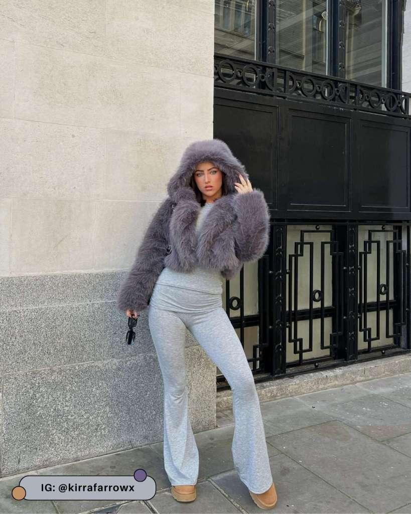 Fashion-Forward Grey Set with Faux Fur — Flare Leggings Outfits