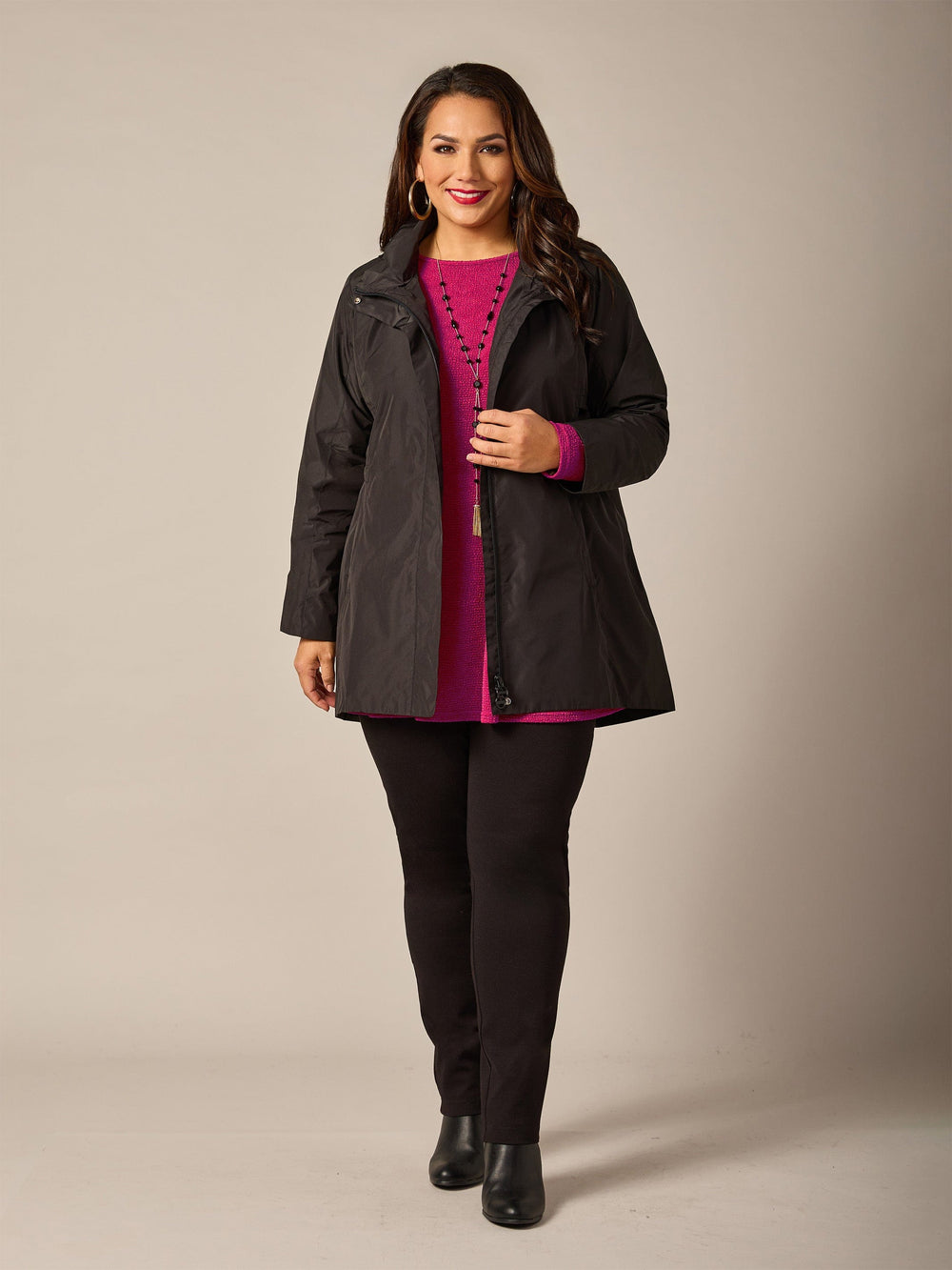 Black Jacket and Bright Pink Sweater for a Bold Casual Contrast Black Jacket and Bright Pink Sweater for a Bold Casual Contrast — Winter Outfits for Plus Size Women