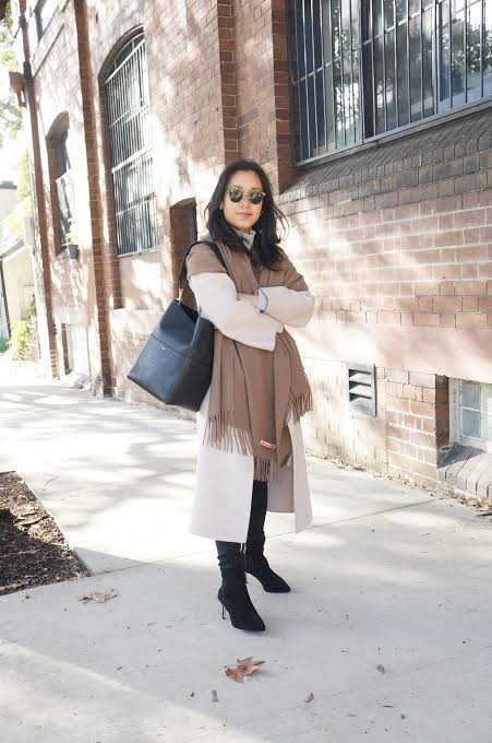 Beige and Brown Long Coat with Turtleneck and Ankle Boots for Dressy Casual — Dressy Winter Outfits