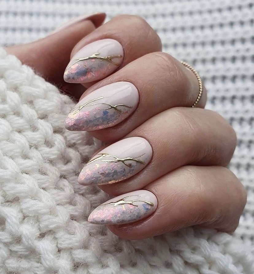 Pale Pink with Glitter Tips and Gold Branches — Winter Marble Nails