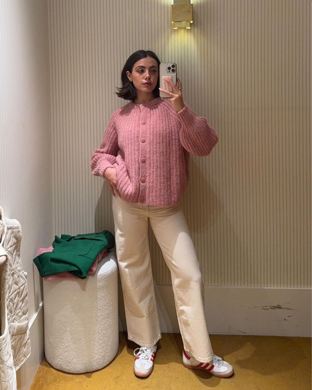 Cozy Texture: Pink Chunky Cardigan with Cream Trousers Cozy Texture: Pink Chunky Cardigan with Cream Trousers — Cardigan Outfits
