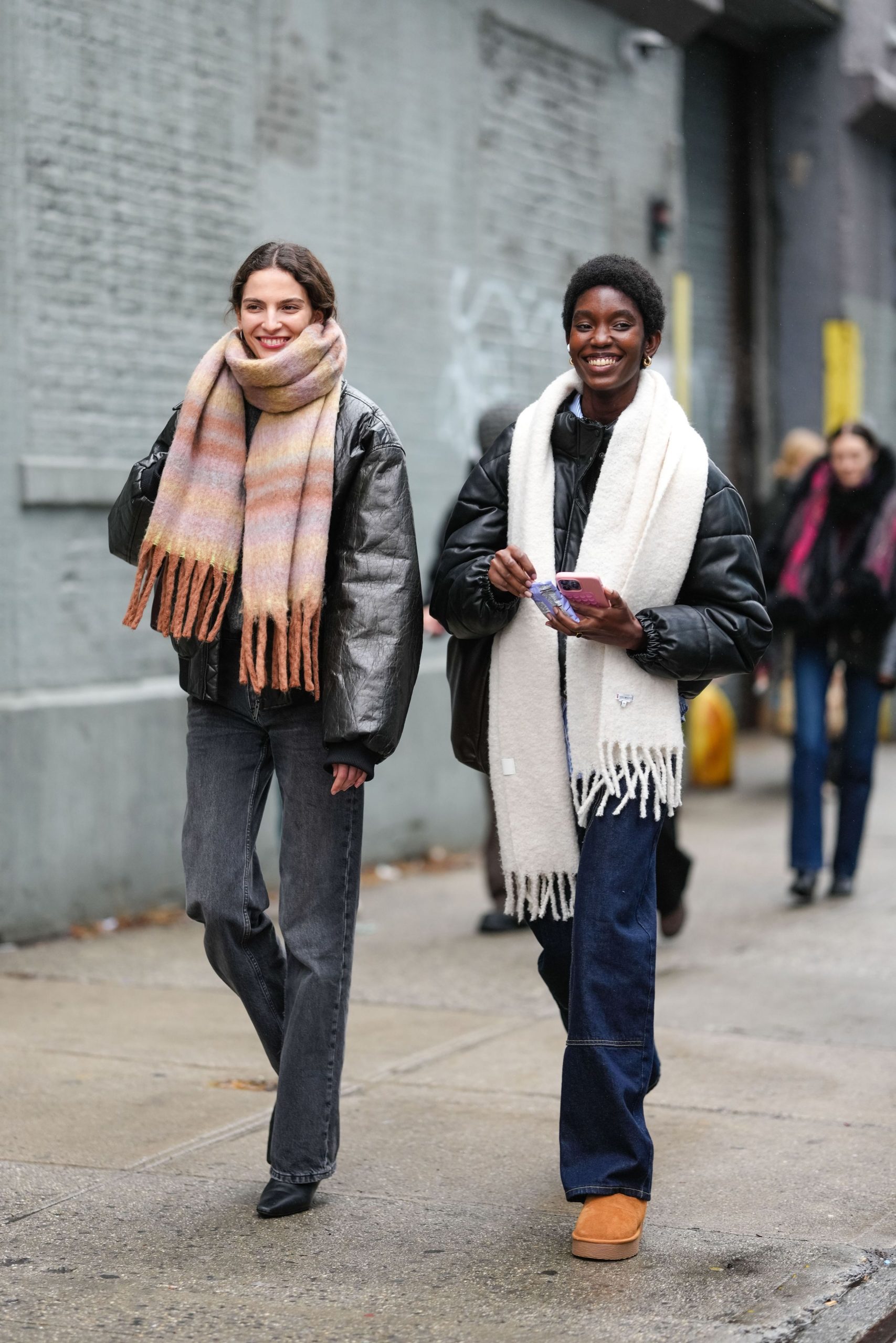 Coordinated Black Puffers with Jeans and Scarves Coordinated Black Puffers with Jeans and Scarves — Winter Puffer Jacket Outfits