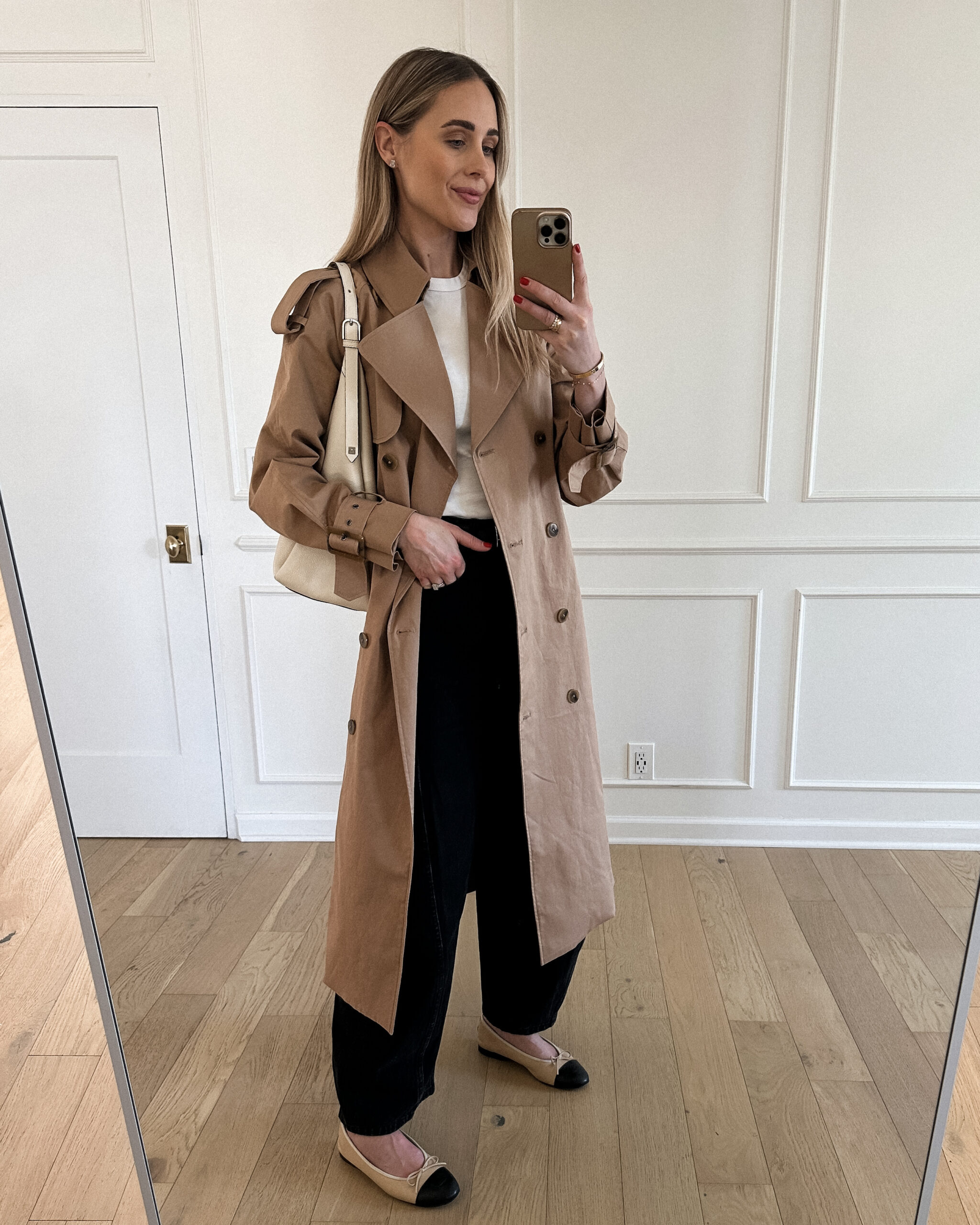 Beige Trench Coat with Lace Trim Trousers and Cream Heels — Long Coat Outfits