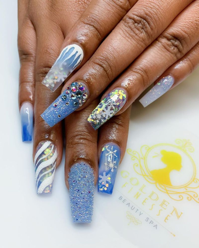 Long Blue White Silver Ombre Glitter Snowflake Rhinestone Stripe Coffin Nails Long Blue White Silver Ombre Glitter Snowflake Rhinestone Stripe Coffin Nails — Winter Coffin Nails