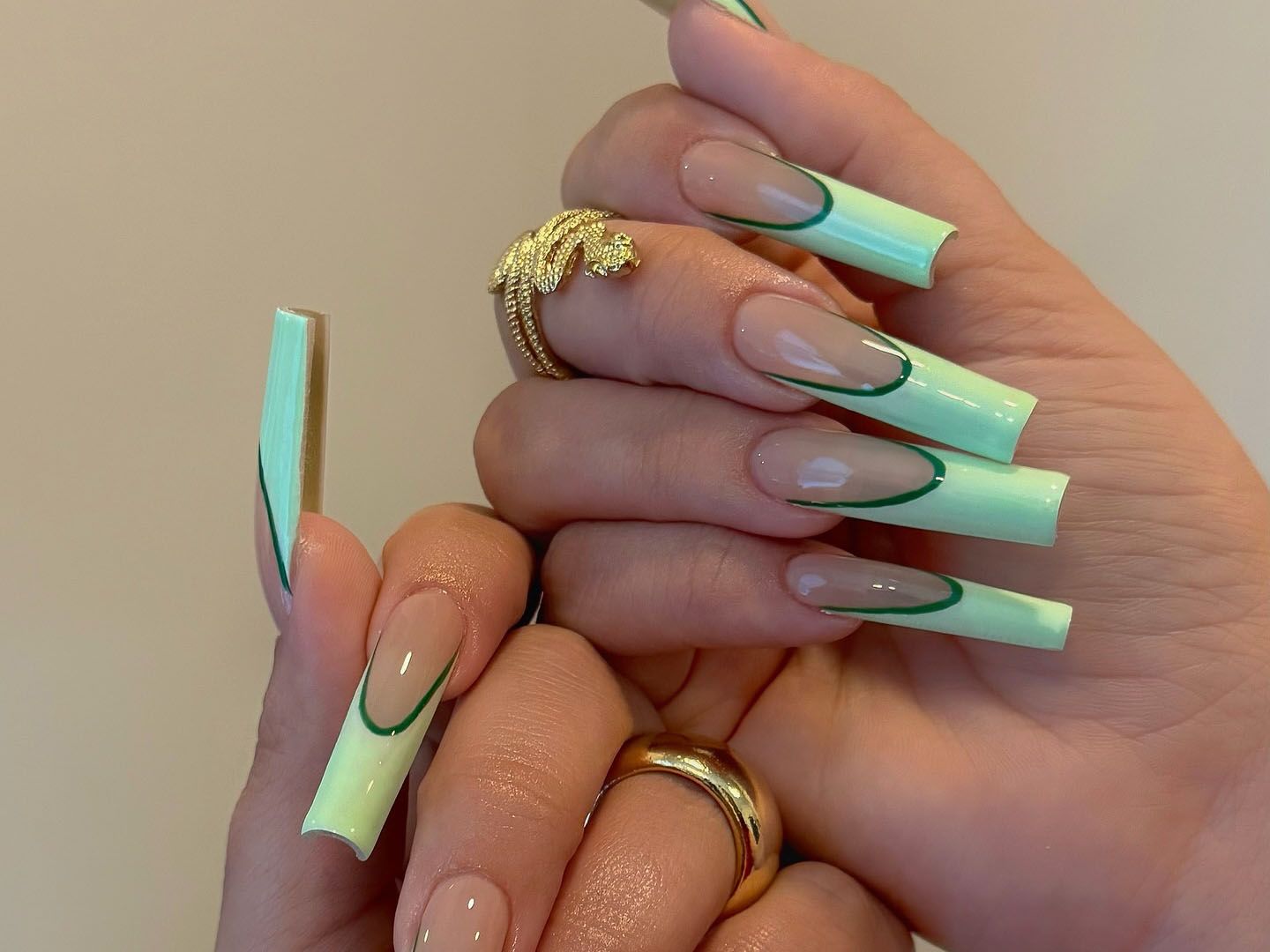 Green Curved French Tips Visual Idea — Coffin Nail Designs