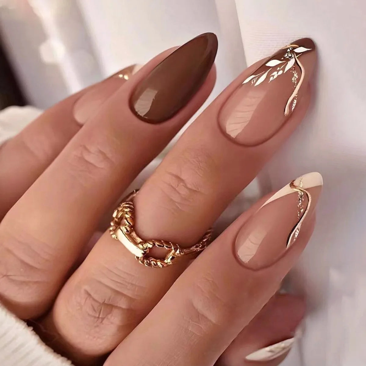 Brown French Tip with Leaf Accent Nails — Brown Nail Designs