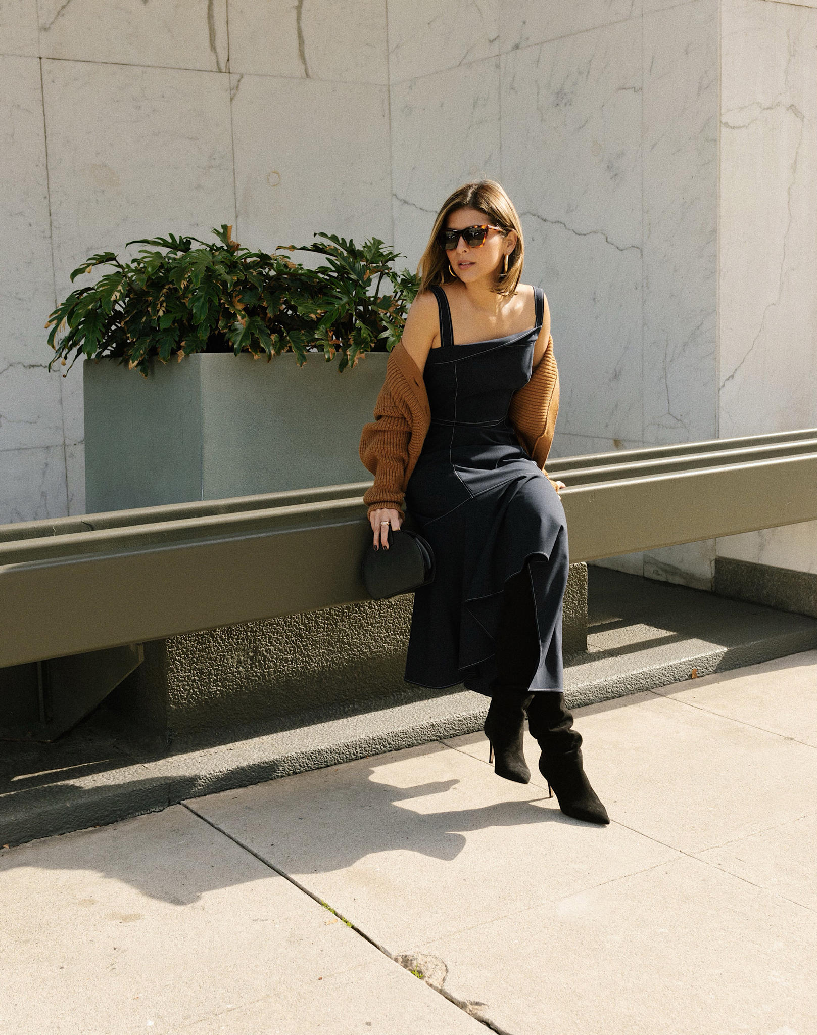 Casual Daytime Black Suede Slouchy Boots with Navy Slip Dress — Slouchy Boots Outfits