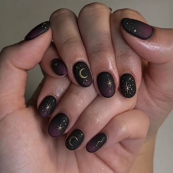 Matte Black Purple Ombre with Celestial Art Matte Black Purple Ombre with Celestial Art — Black Nail Ideas