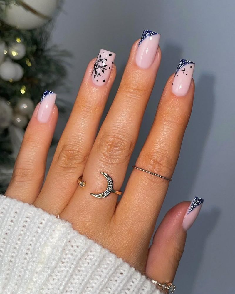 Black Snowflake Blue Glitter French Black Snowflake Blue Glitter French — Snowflake Nails