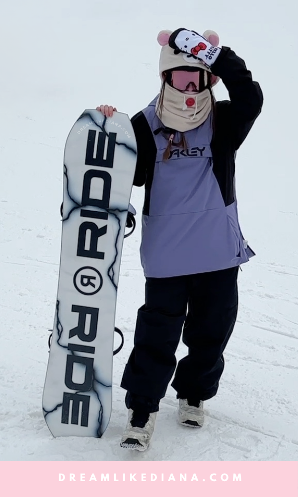 Playful Accents: Purple and Black Jacket with Bear-Ear Beanie Playful Accents: Purple and Black Jacket with Bear-Ear Beanie — Snowboarding Outfits