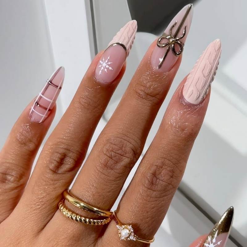Long Stiletto Pale Pink Nude with Cable Knit, Snowflakes, and Plaid Long Stiletto Pale Pink Nude with Cable Knit, Snowflakes, and Plaid — Winter Pink Nails