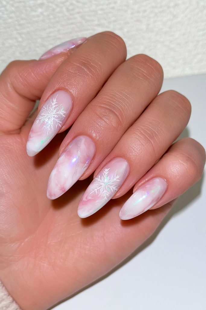 Pale Pink Marble with Snowflake Accents — Winter Marble Nails