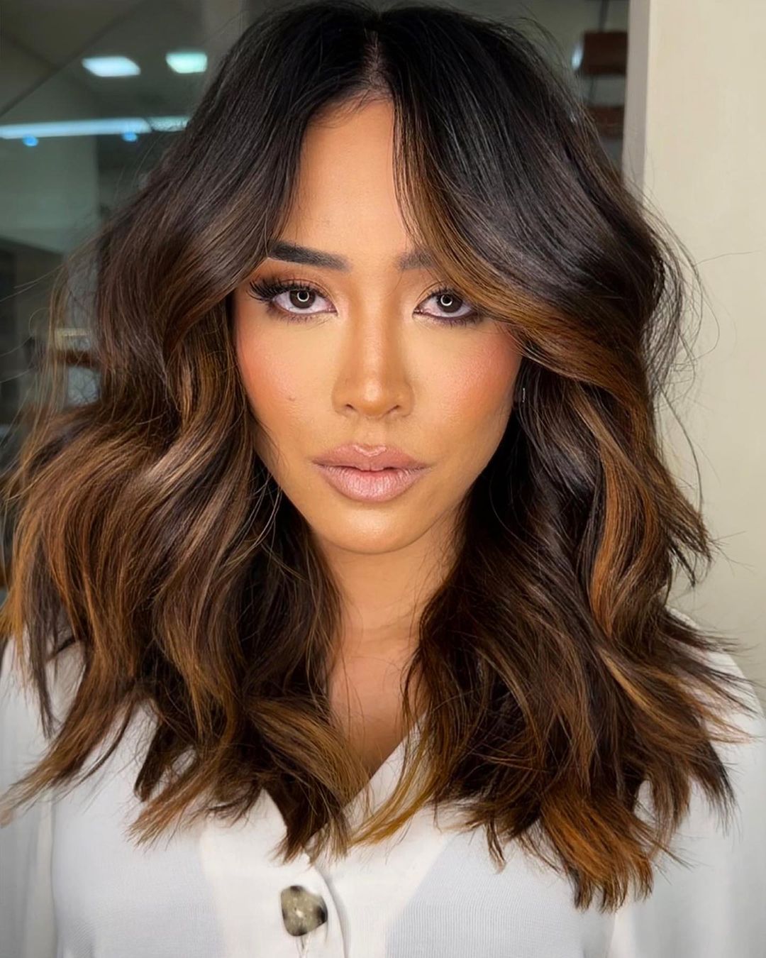Dark Brown With Auburn Highlights Waves Dark Brown With Auburn Highlights Waves — Winter Shoulder Length Hairstyles