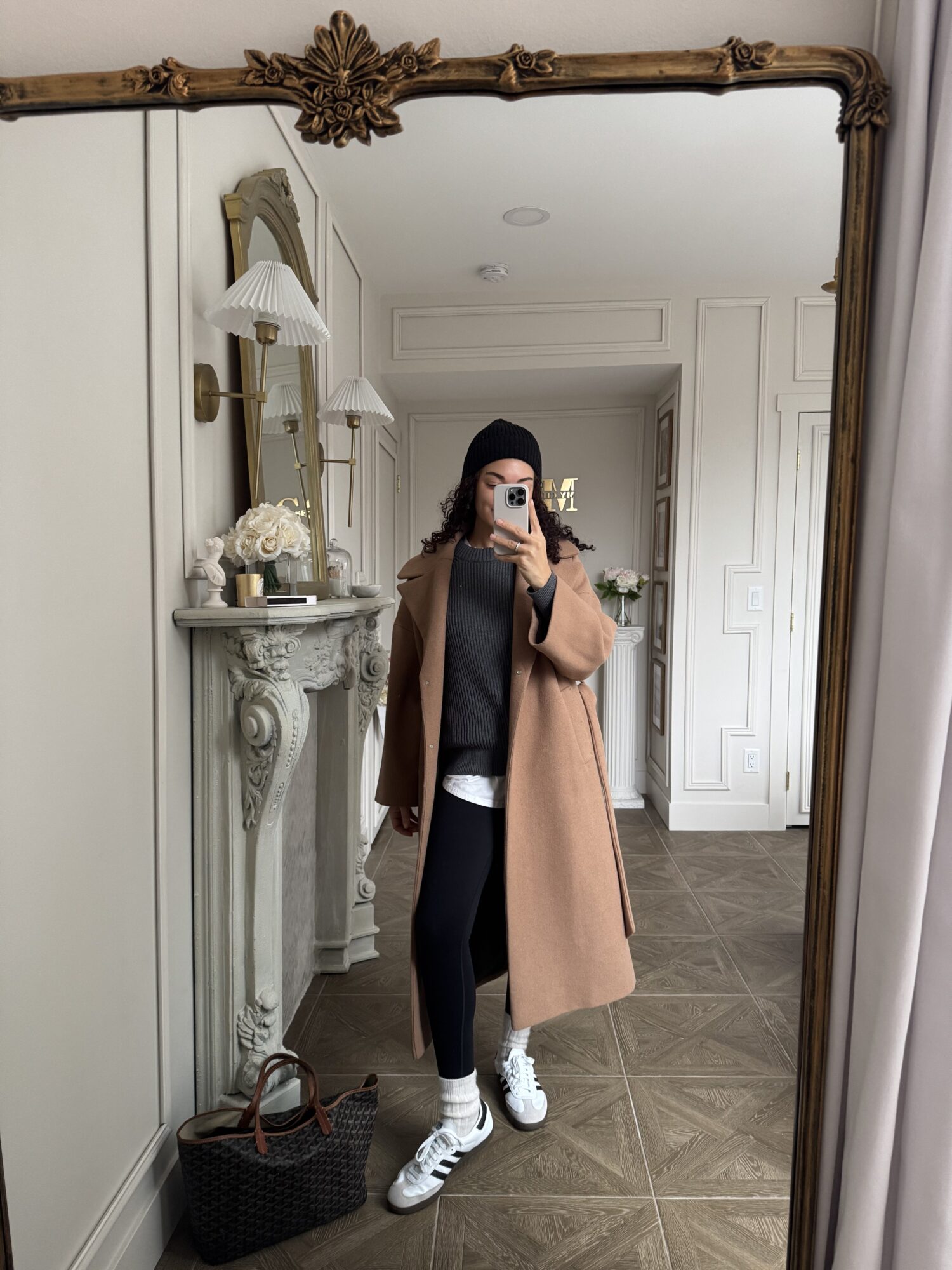 White Sneakers With Black Accents Outfit Idea — Winter Outfits with Leggings
