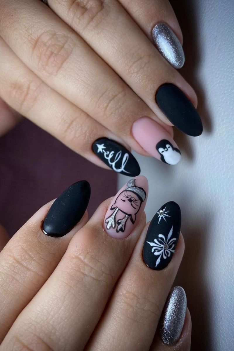 Festive Cartoon Character Oval Nails — Winter Black Nails