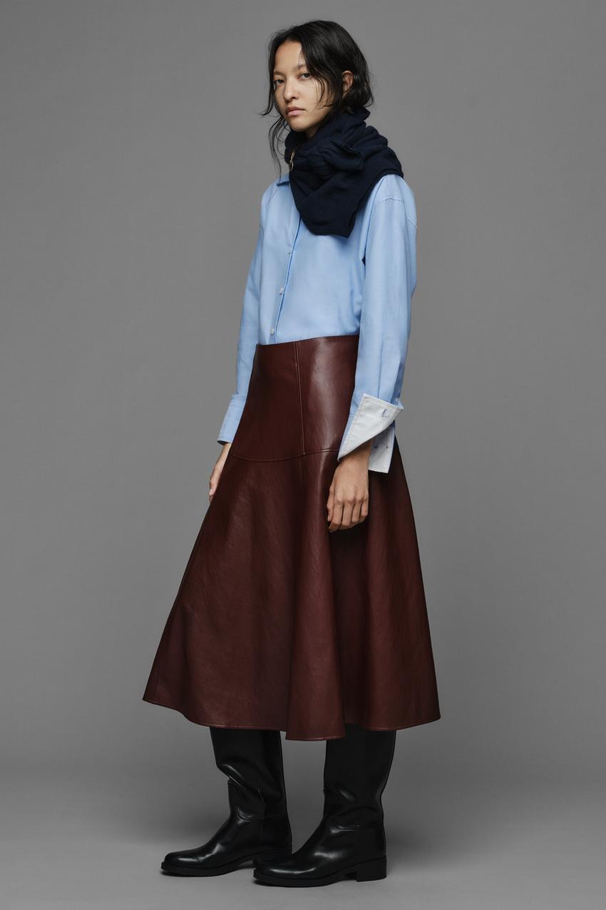 Business Casual Polish: Brown A-Line Leather Skirt with Button-Down and Scarf Business Casual Polish: Brown A-Line Leather Skirt with Button-Down and Scarf — Leather Skirt Outfits