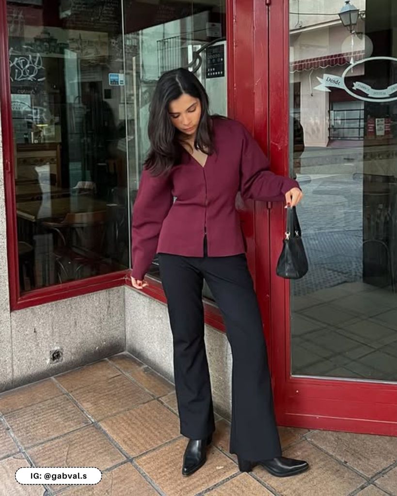 Chic Casual: Burgundy Knit Top with Black Flared Pants — Burgundy Outfits