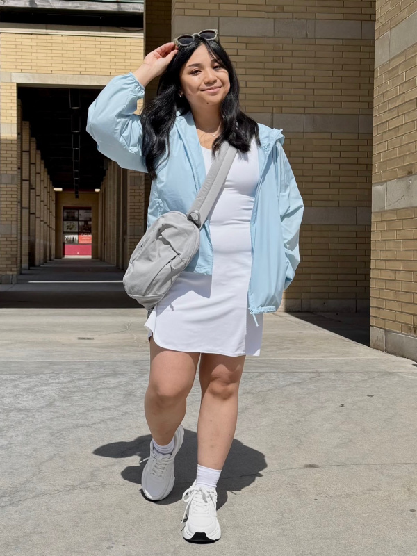 Light Blue Hooded Jacket Over a White Dress Light Blue Hooded Jacket Over a White Dress — Hoodie Outfits
