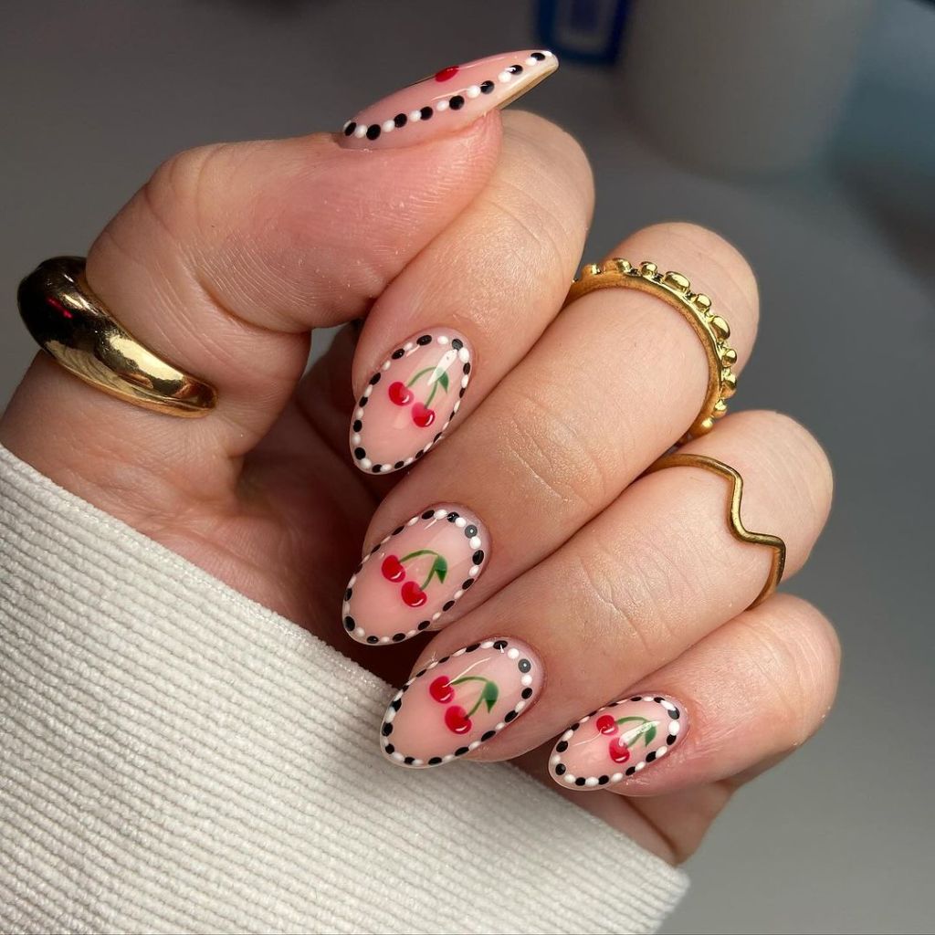 Cherry Motif Sheer Pink Almond Nails Cherry Motif Sheer Pink Almond Nails — Black Cherry Nails