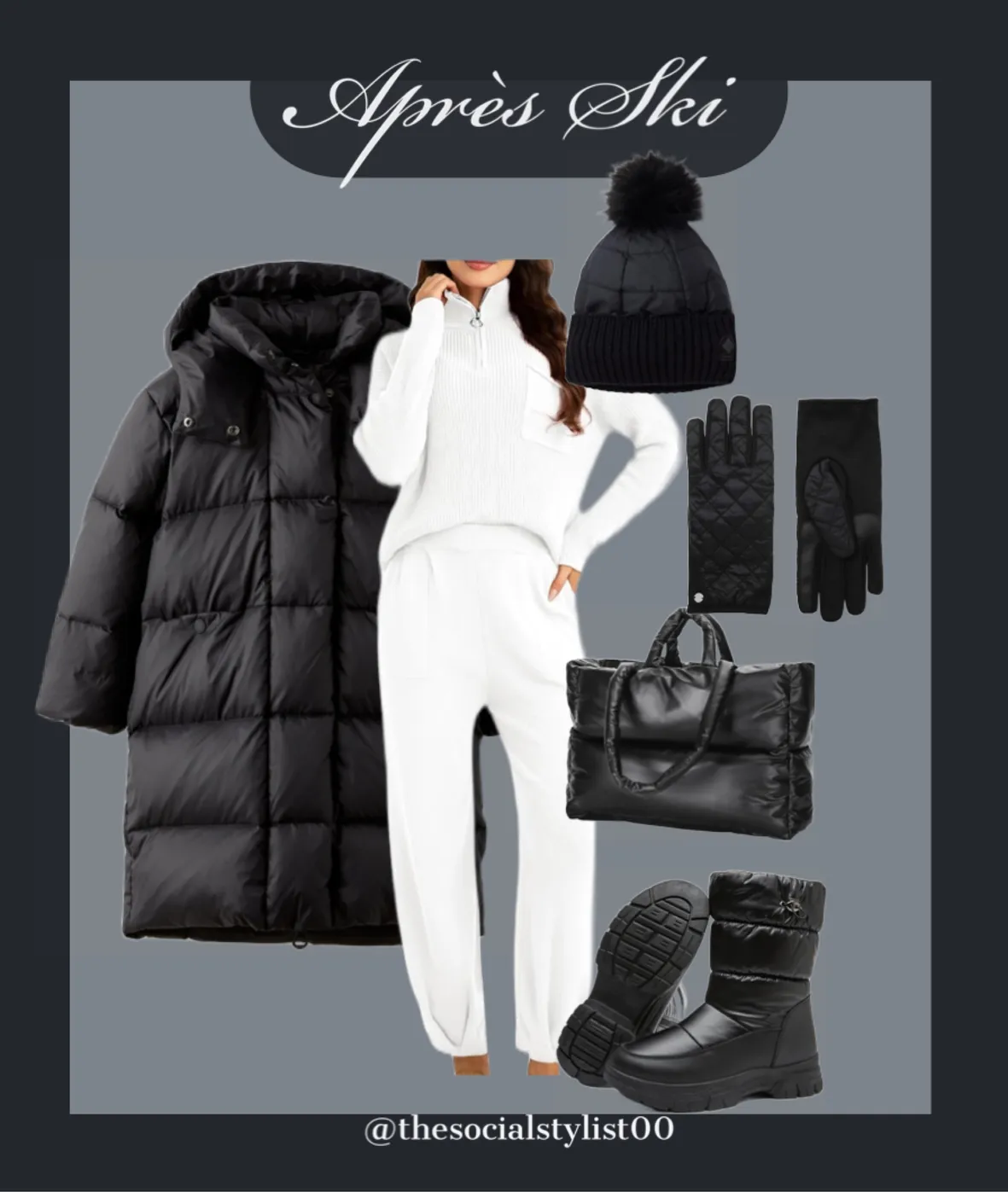 Black Snow Boots with White Sweater and Puffer Coat — Moon Boots Outfits
