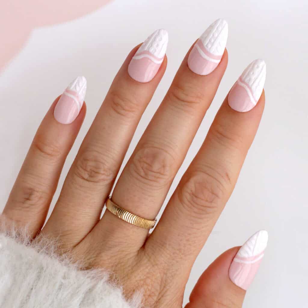 Cozy Cable Knit Pastel Pink Almond Nails Cozy Cable Knit Pastel Pink Almond Nails — Winter White Nails