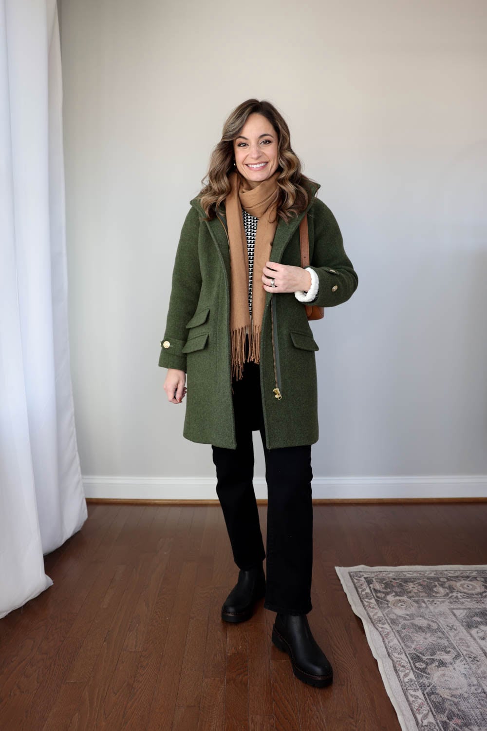 Ankle Boots with Green Wool Coat and Camel Scarf — Winter Boots Outfits