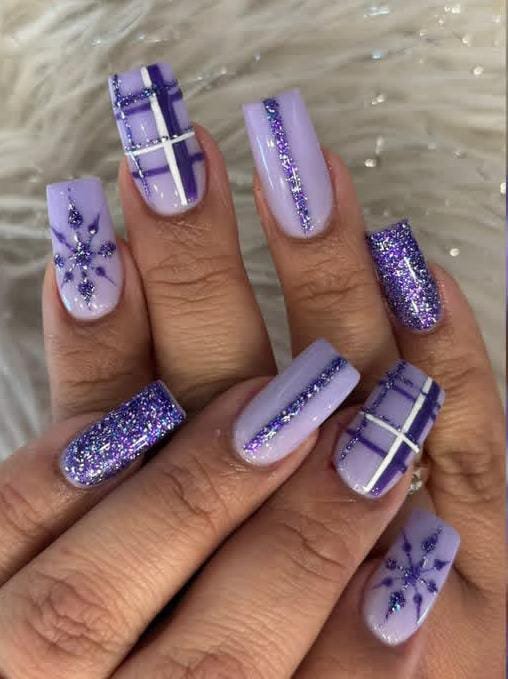 Light Purple Plaid & Snowflake Coffin — Winter Purple Nails