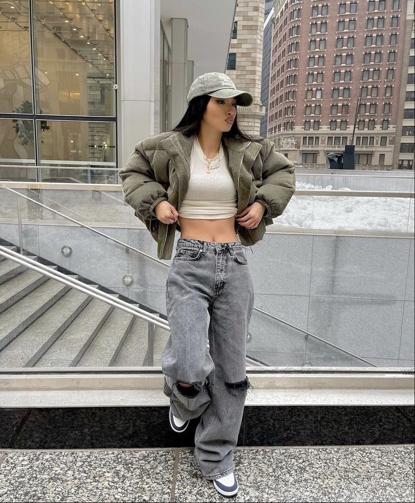 Olive Green Corduroy Puffer Jacket with Baggy Jeans Olive Green Corduroy Puffer Jacket with Baggy Jeans — Baddie Winter Outfits