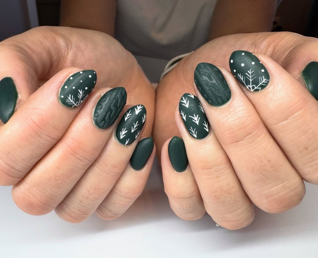 Matte Forest Green Cable Knit Nails — Winter Nails