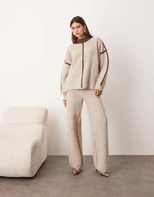 Beige Knit Set with Bold Brown Contrast Stitching Beige Knit Set with Bold Brown Contrast Stitching — Knit Set Outfits