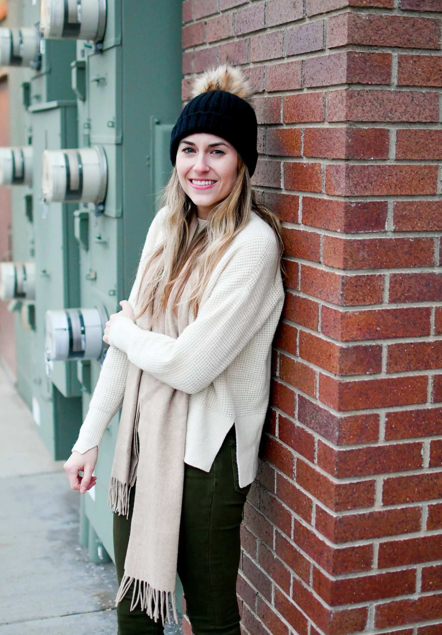 Black Pompom Beanie with Knit Sweater and Slim Pants — Beanie Outfits