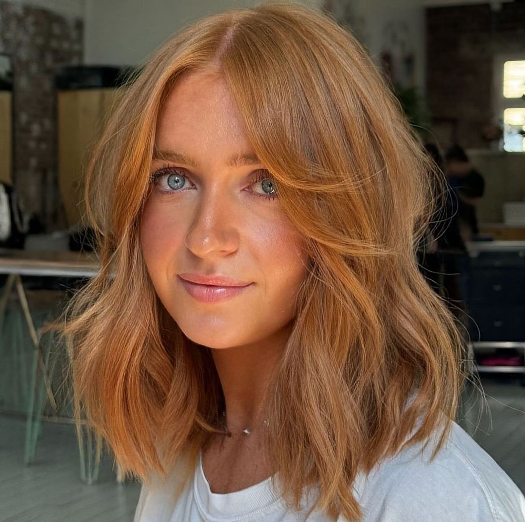 Strawberry Blonde Lob With Waves Strawberry Blonde Lob With Waves — Winter Haircuts for Thin Hair