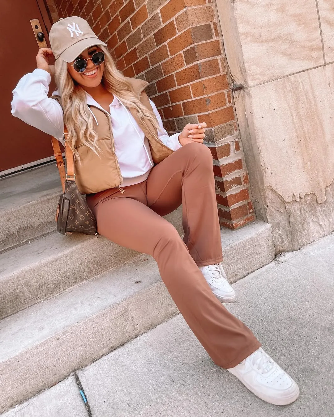 Athleisure Comfort with Puffer Vest and Cap — Flare Leggings Outfits