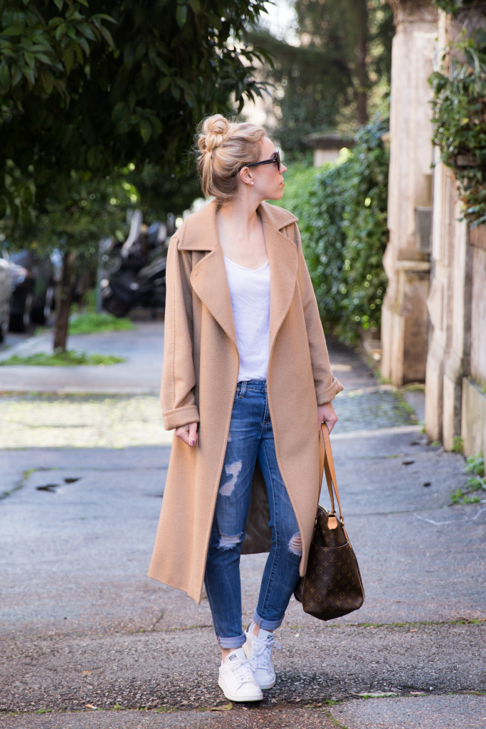 Everyday Casual: Camel Coat with Striped Top and Denim Everyday Casual: Camel Coat with Striped Top and Denim — Camel Coat Outfits